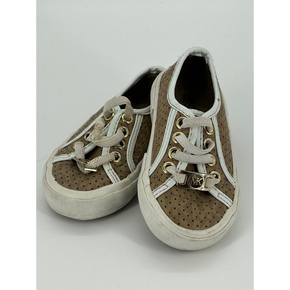 Michael Kors Kids Sneakers Size 5 Camel MK Monogram Gold Logo Lace Up